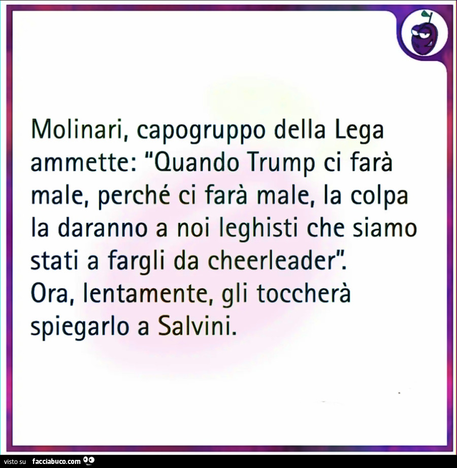 Molinari, capogruppo della lega ammette: quando trump ci farà male, perché ci farà male, la colpa la daranno a noi leghisti che siamo stati a fargli da cheerleader. Ora, lentamente, gli toccherà spiegarlo a salvini