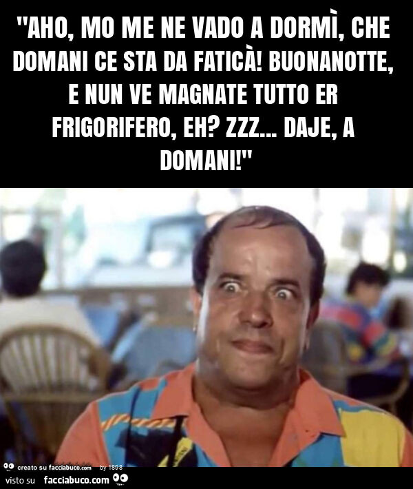 "aho, mo me ne vado a dormì, che domani ce sta da faticà! Buonanotte, e nun ve magnate tutto er frigorifero, eh? Zzz… daje, a domani! "