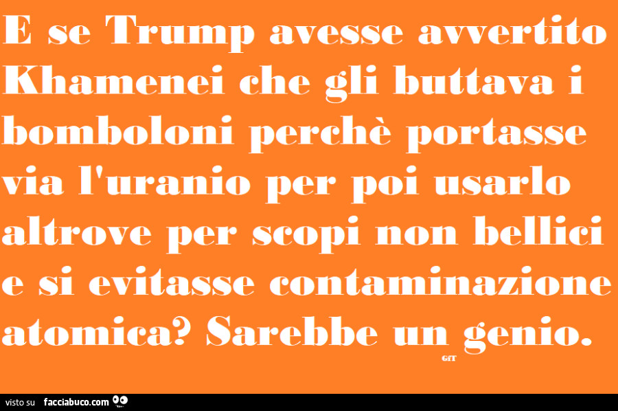 E se Trump avesse avvertito khamenei che gli buttava i bomboloni perchè portasse via l'uranio per poi usarlo altrove per scopi non bellici e si evitasse contaminazione atomica? Sarebbe un genio
