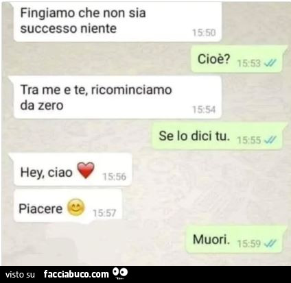 Fingiamo che non sia successo niente tra me e te. Ricominciamo da zero. Se lo dici tu. Hey. Ciao piacere. Muori