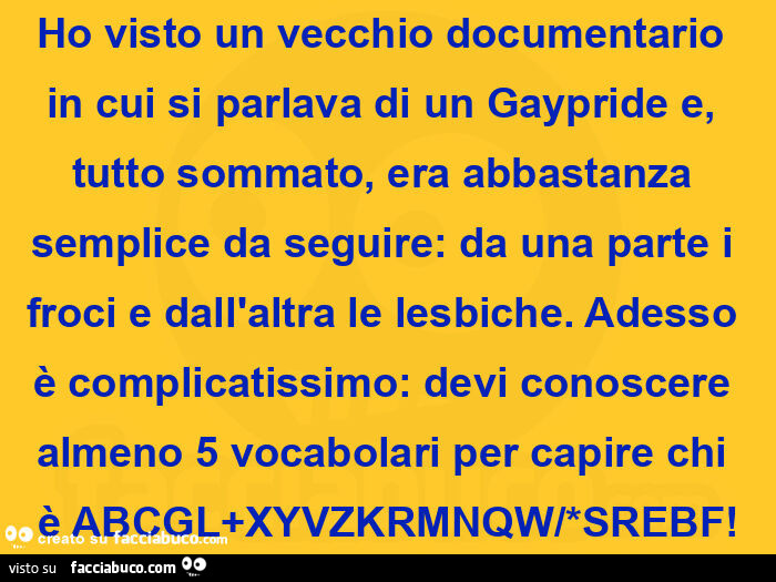 Ho visto un vecchio documentario in cui si parlava di un gaypride e, tutto sommato, era abbastanza semplice da seguire: da una parte i froci e dall'altra le lesbiche. Adesso è complicatissimo: devi conoscere almeno 5 vocabolari per capire chi è abcgl