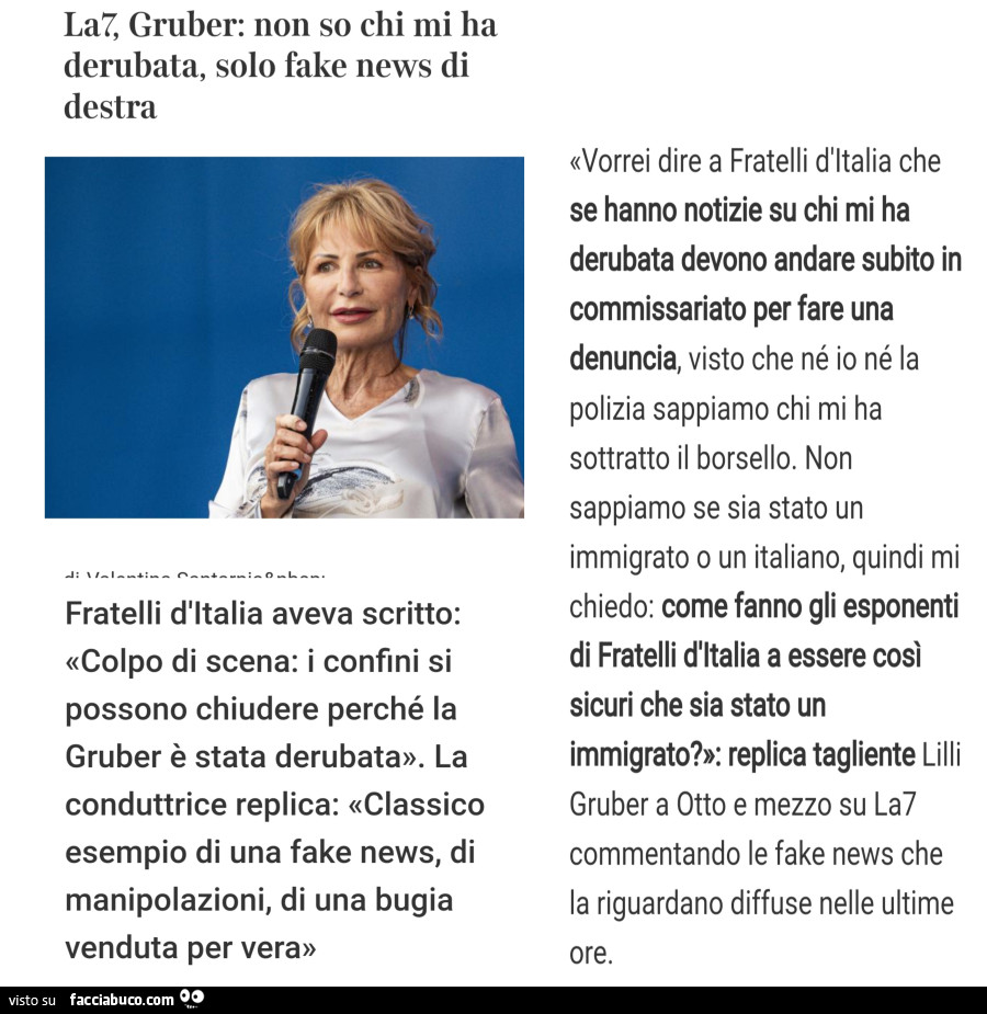 La7, gruber: non so chi mi ha derubata, solo fake news di destra