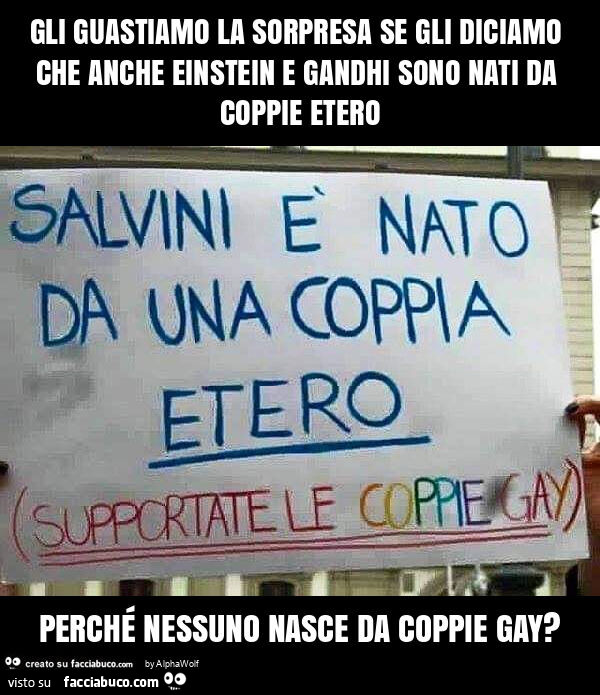 Gli guastiamo la sorpresa se gli diciamo che anche einstein e gandhi sono nati da coppie etero perché nessuno nasce da coppie gay?