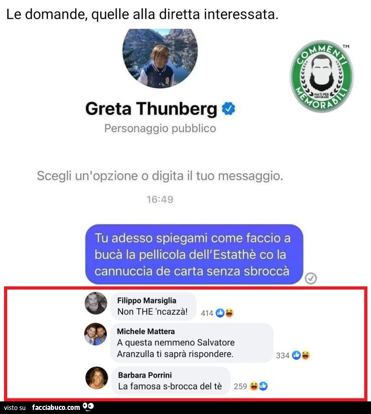 Greta Thunberg: tu adesso spiegami come faccio a bucà la pellicola dell'estathè co la cannuccia de carta senza sbroccà. Non the 'ncazzà