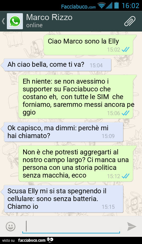 Ciao Marco sono la Elly. Ah ciao bella, come ti va? Eh niente: se non avessimo i supporter su Facciabuco che costano eh, con tutte le SIM che forniamo, saremmo messi ancora peggio. Ok capisco, ma dimmi: perchรจ mi hai chiamato? Non รจ che potresti aggregart