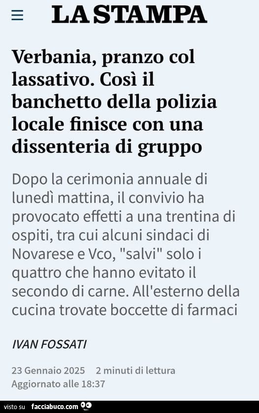 Verbania, pranzo col lassativo. Così il banchetto della polizia locale finisce con una dissenteria di gruppo dopo la cerimonia annuale di lunedì mattina