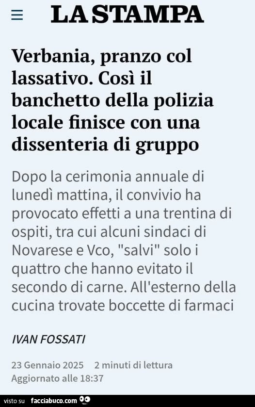 Verbania, pranzo col lassativo. Cosรฌ il banchetto della polizia locale finisce con una dissenteria di gruppo dopo la cerimonia annuale di lunedรฌ mattina