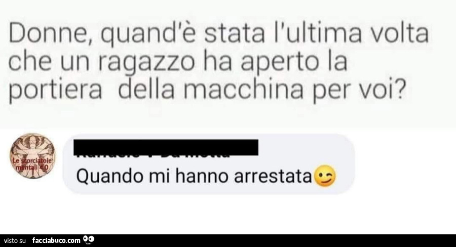 Donne, quand'è stata l'ultima volta che un ragazzo ha aperto la portiera della macchina per voi? Quando mi hanno arrestata