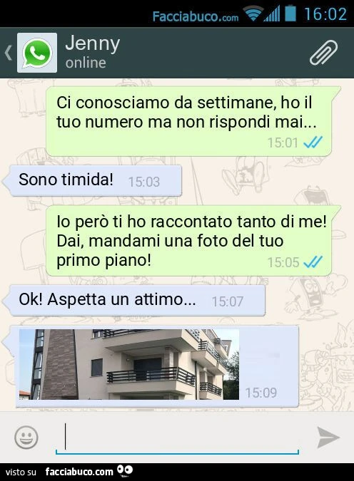 Ci conosciamo da settimane, ho il tuo numero ma non rispondi mai… Sono timida! Io però ti ho raccontato tanto di me! Dai, mandami una foto del tuo primo piano! Ok! Aspetta un attimo