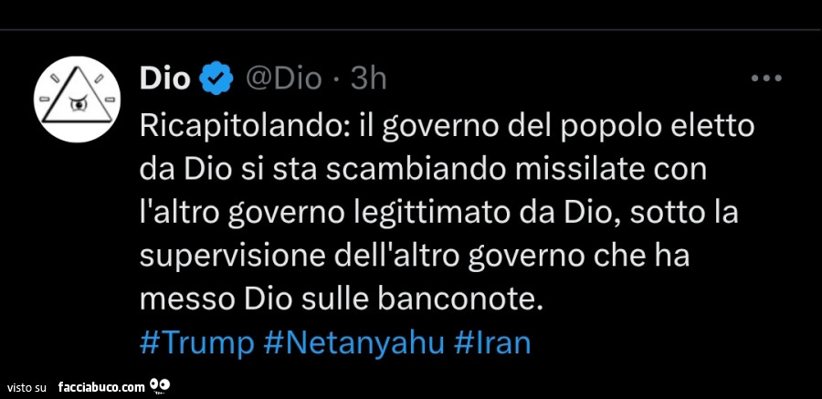 Ricapitolando: il governo del popolo eletto da dio si sta scambiando missilate con l'altro governo legittimato da dio, sotto la supervisione dell'altro governo che ha messo dio sulle banconote