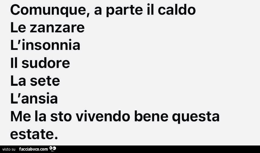 Comunque, a parte il caldo le zanzare l'insonnia il sudore la sete l'ansia me la sto vivendo bene questa estate