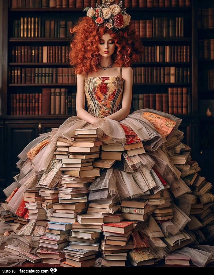 Giornata mondiale del libro. Fotografia surreale donna con vestito di libri