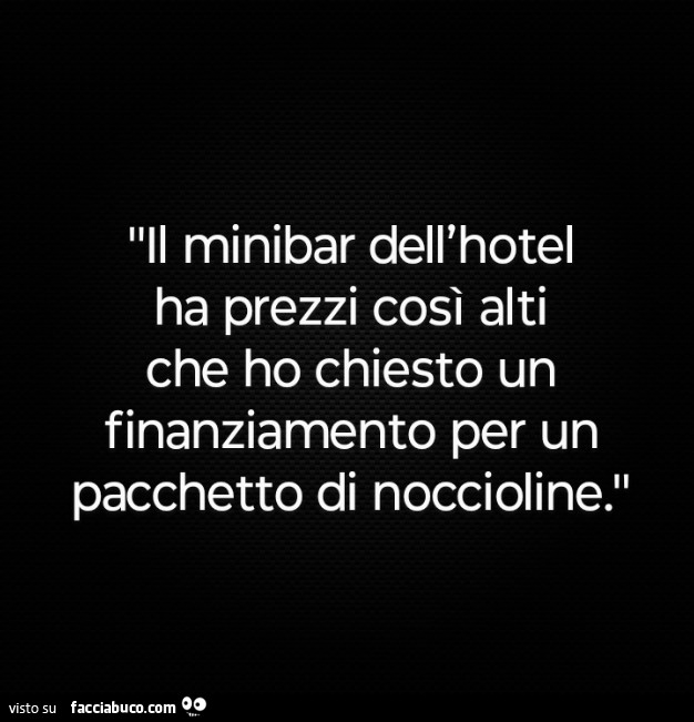 Il minibar dell'hotel ha prezzi così alti che ho chiesto un finanziamento per un pacchetto di noccioline