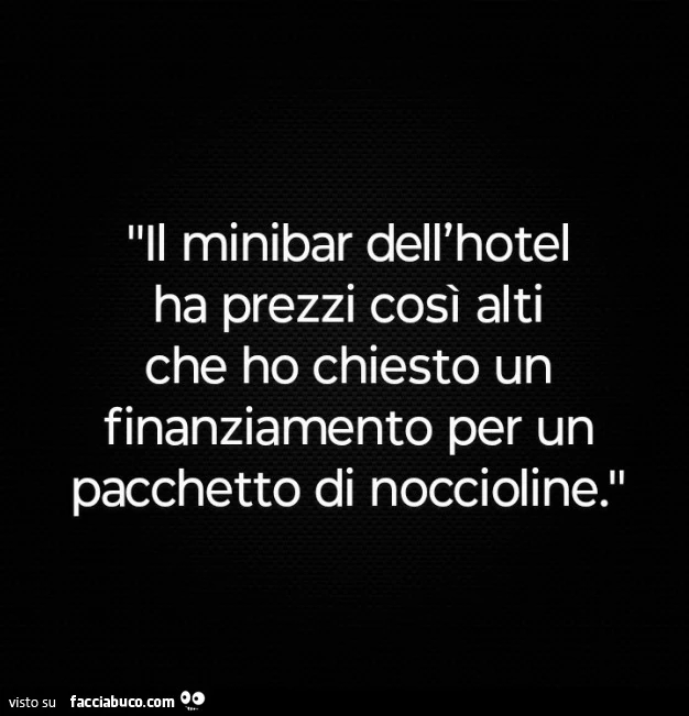 Il minibar dell'hotel ha prezzi così alti che ho chiesto un finanziamento per un pacchetto di noccioline