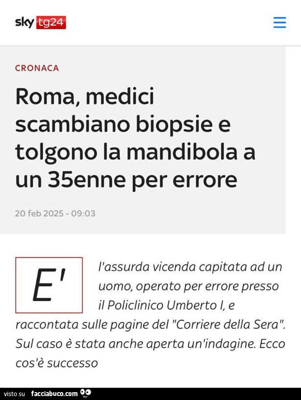 Roma, medici scambiano biopsie e tolgono la mandibola a un 35enne per errore