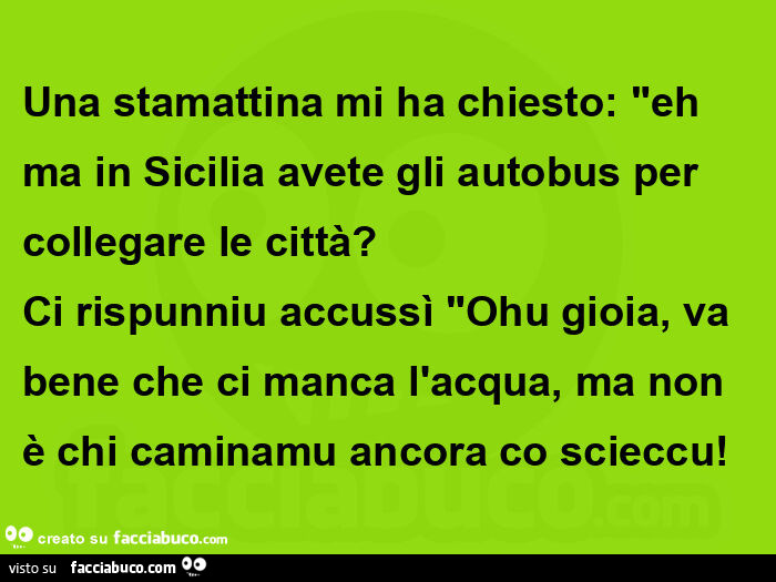 Una stamattina mi ha chiesto: "eh ma in sicilia avete gli autobus per collegare le città? Ci rispunniu accussì "ohu gioia, va bene che ci manca l'acqua, ma non è chi caminamu ancora co scieccu