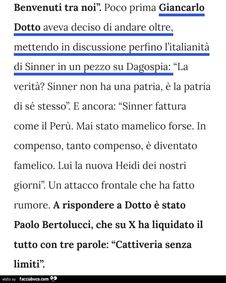 Benvenuti tra noi. Poco prima giancarlo dotto aveva deciso di andare oltre, mettendo in discussione perfino l'italianità verità?