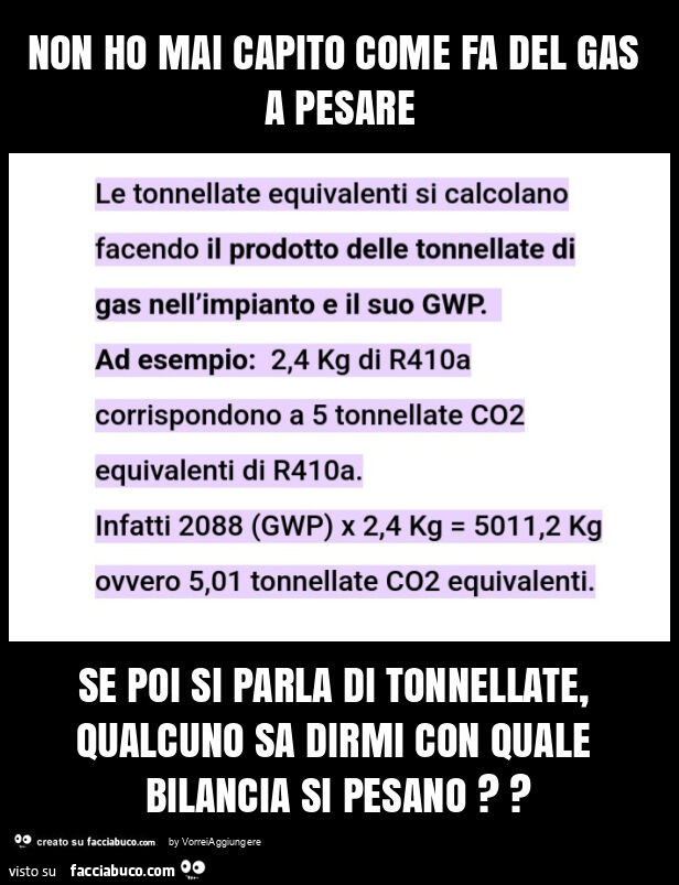 Non ho mai capito come fa del gas a pesare se poi si parla di tonnellate, qualcuno sa dirmi con quale bilancia si pesano?