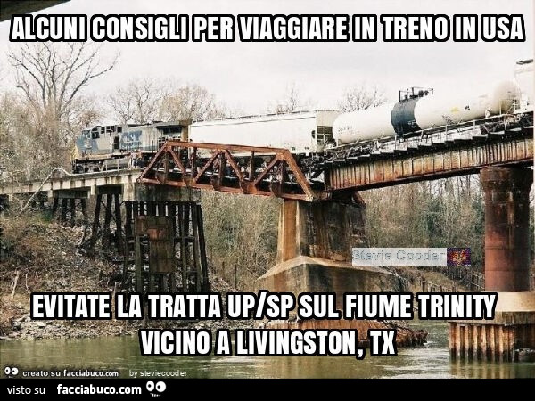 Alcuni consigli per viaggiare in treno in usa evitate la tratta up/sp sul fiume trinity vicino a livingston, tx