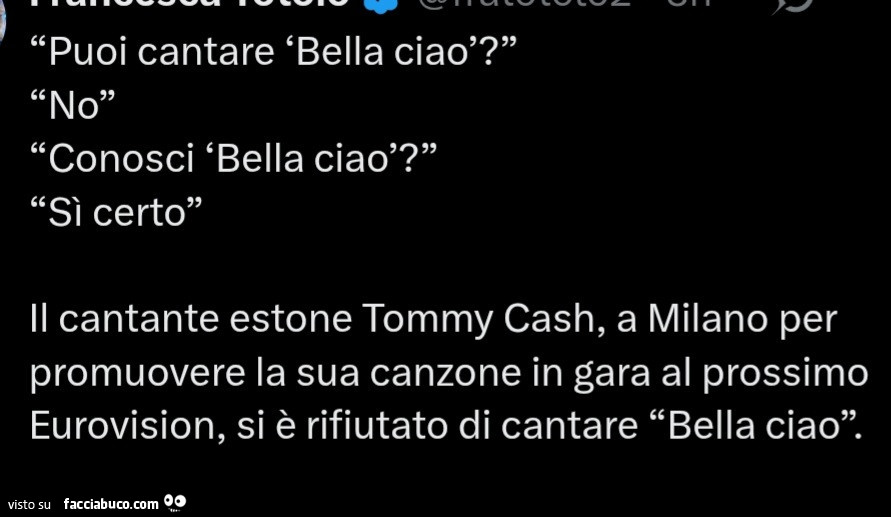 Puoi cantare bella ciao? No. Conosci bella ciao? Sì certo. Il cantante estone tommy cash, a milano per promuovere la sua canzone in gara al prossimo eurovision, si è rifiutato di cantare bella ciao