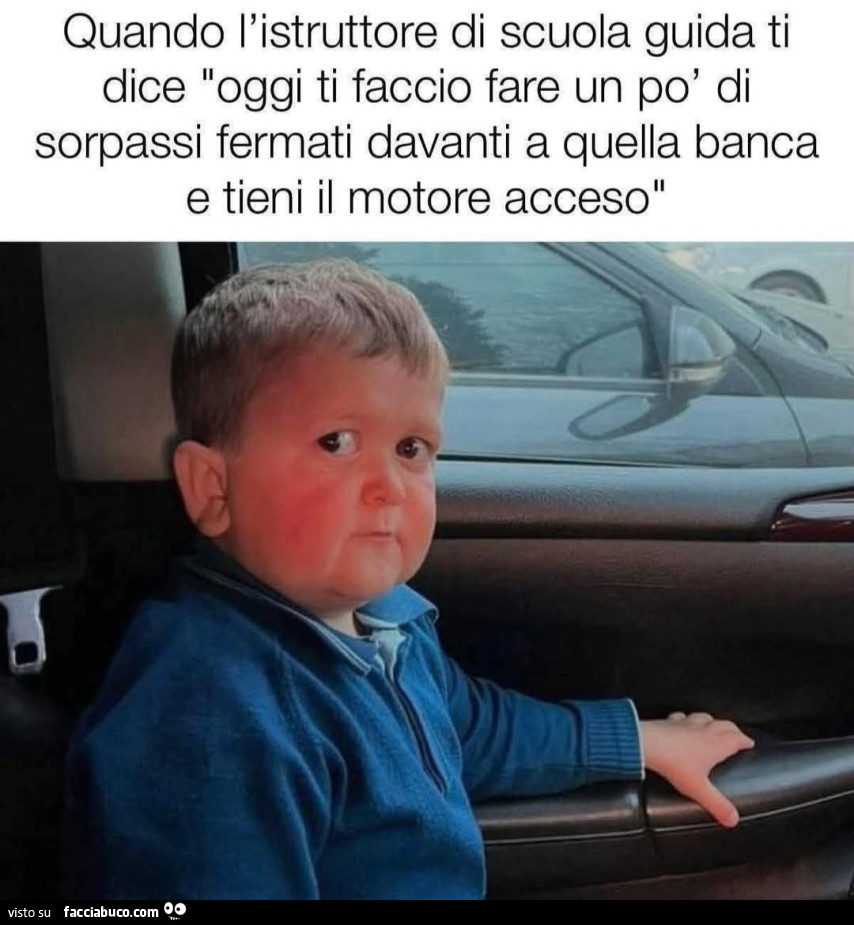 Quando l'istruttore di scuola guida ti dice oggi ti faccio fare un po' di sorpassi fermati davanti a quella banca e tieni il motore acceso