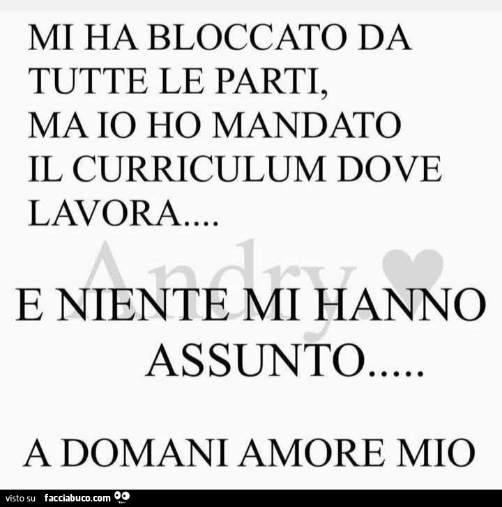 Mi ha bloccato da tutte le parti, ma io ho mandato il curriculum dove lavora. E niente mi hanno assunto. A domani amore mio