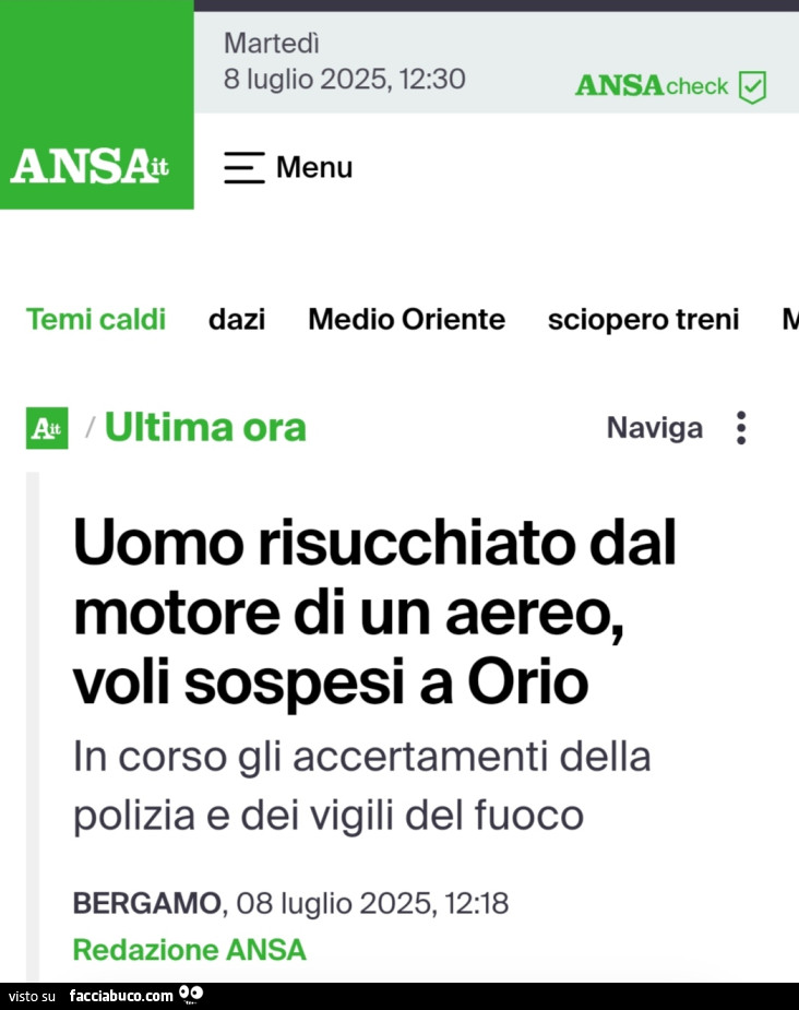 Uomo risucchiato dal motore di un aereo, voli sospesi a orio