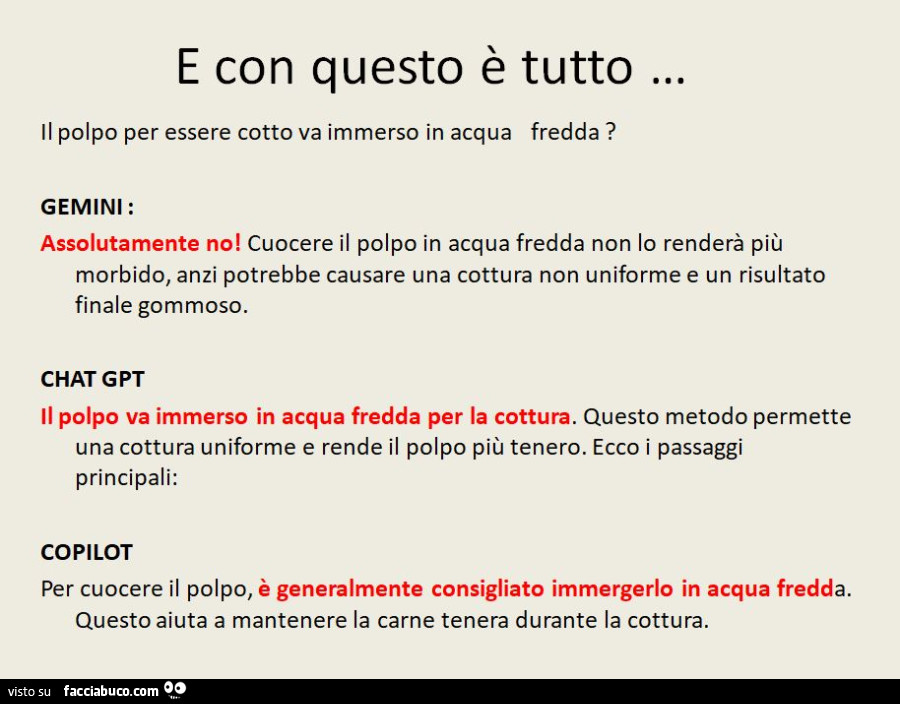 E con questo è tutto… il polpo per essere cotto va immerso in acqua fredda? Le risposte delle IA Gemini, Chat GPT e Copilot