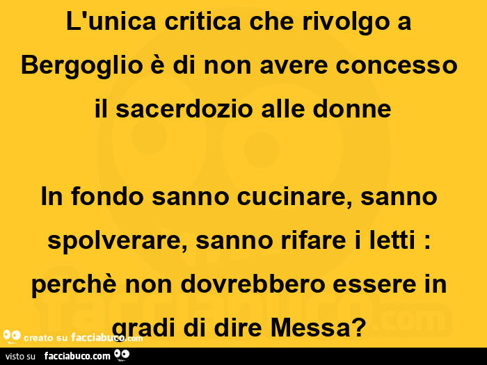 L'unica critica che rivolgo a bergoglio è di non avere concesso il sacerdozio alle donne in fondo sanno cucinare, sanno spolverare, sanno rifare i letti: perchè non dovrebbero essere in gradi di dire messa?  