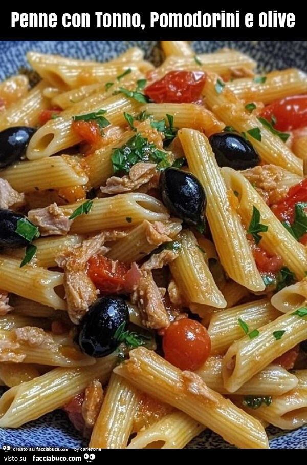 Penne con tonno, pomodorini e olive