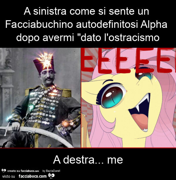 A sinistra come si sente un facciabuchino autodefinitosi alpha dopo avermi "dato l'ostracismo a destra… me