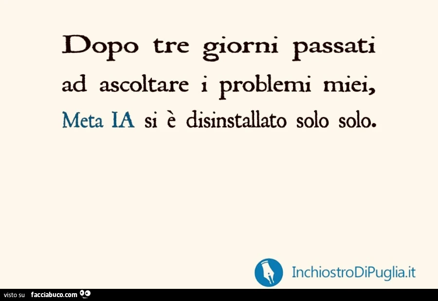 Dopo tre giorni passati ad ascoltare i problemi miei, meta IA si è disinstallato solo solo
