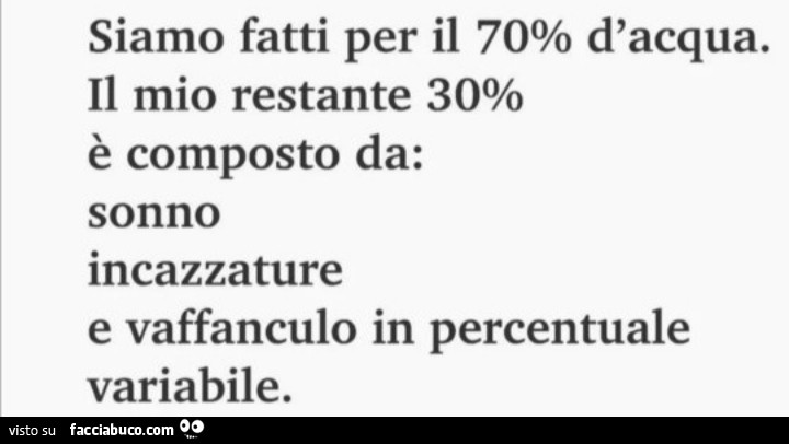 Siamo fatti per il 70% d'acqua. Il mio restante 30% è composto da: sonno incazzature e vaffanculo in percentuale variabile
