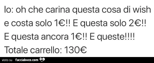 Io: oh che carina questa cosa di wish e costa solo 1โฌ! E questa solo 2โฌ! E questa ancora 1โฌ! E queste! Totale carrello: 130โฌ