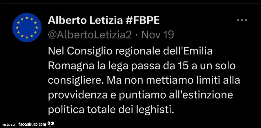 Nel consiglio regionale dell'emilia romagna la lega passa da 15 a un solo consigliere. Ma non mettiamo limiti alla provvidenza e puntiamo all'estinzione politica totale dei leghisti