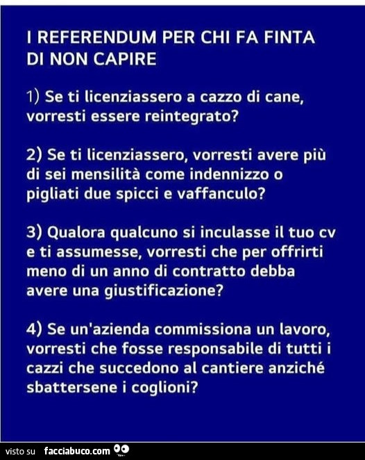 I referendum per chi fa finta di non capire. Se ti licenziassero a cazzo di cane, vorresti essere reintegrato?