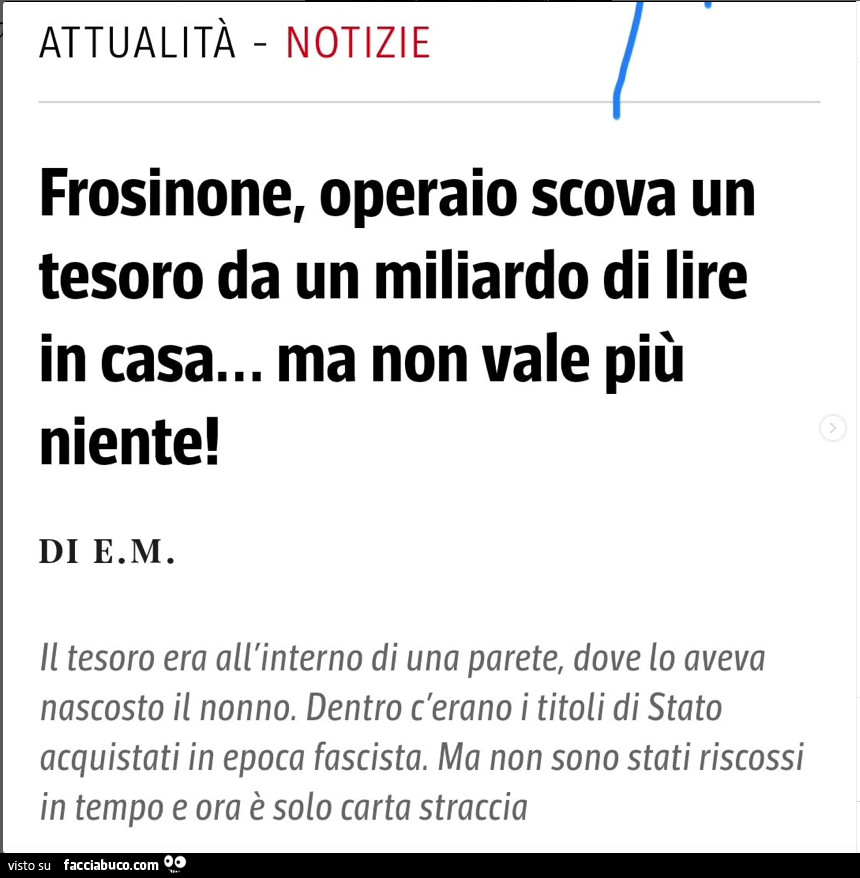 Frosinone, operaio scova un tesoro da un miliardo di lire in casa… ma non vale più niente