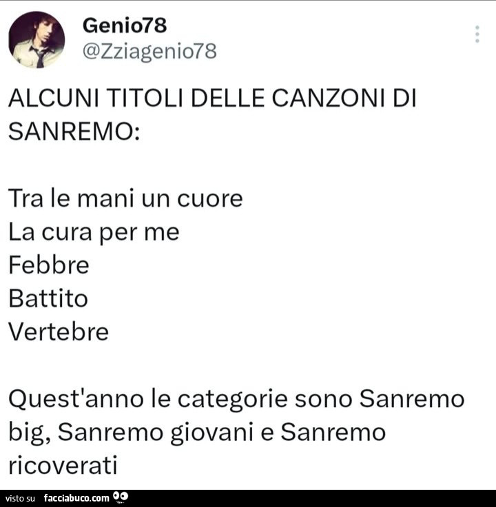 Alcuni titoli delle canzoni di sanremo. Quest'anno le categorie sono sanremo big, sanremo giovani e sanremo ricoverati