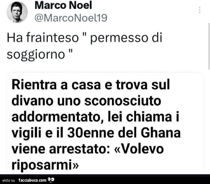 Ha frainteso permesso di soggiorno. Rientra a casa e trova sul divano uno sconosciuto addormentato, lei chiama i vigili e il 30enne del ghana viene arrestato: volevo riposarmi