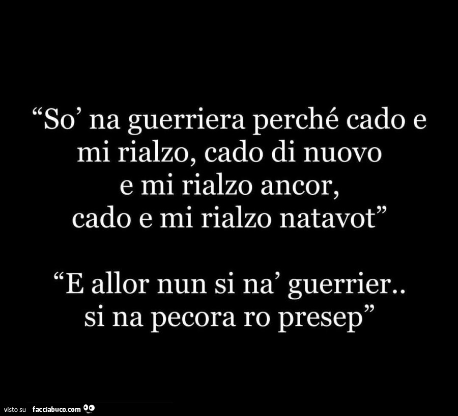 Sò na guerriera perché cado e mi rialzo, cado di nuovo e mi rialzo ancor, cado e mi rialzo natavot e allor nun si nà guerrier. Si na pecora ro presep