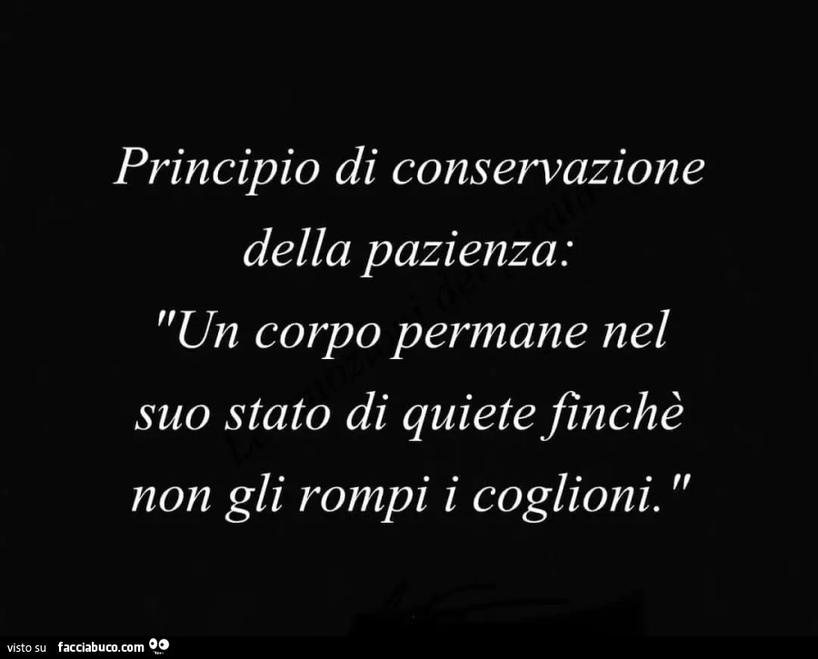 Principio di conservazione della pazienza un corpo permane nel suo stato di quiete finché non gli rompi i coglioni