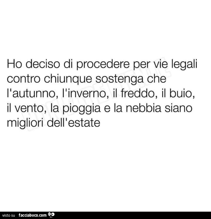 Ho deciso di procedere per vie legali contro chiunque sostenga che l'autunno, l'inverno, il freddo, il buio, il vento, la pioggia e la nebbia siano migliori dell'estate