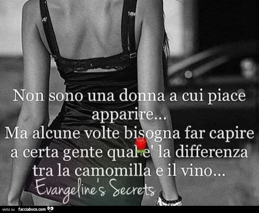 Non sono una donna a cui piace apparire ma alcune volte bisogna far capire a certa gente qual'è la differenza tra la camomilla e il vino evangelinès secrets