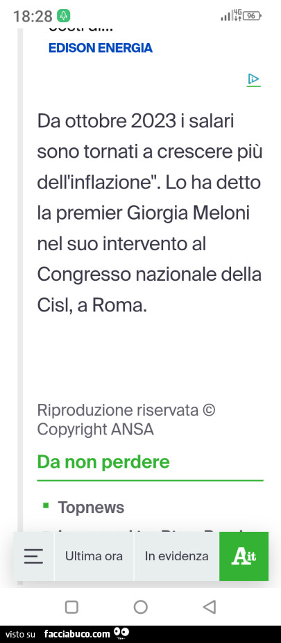 Da ottobre 2023 i salari sono tornati a crescere più dell'inflazione. Lo ha detto la premier giorgia meloni nel suo intervento al congresso nazionale della cisl, a roma