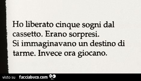 Ho liberato cinque sogni dal cassetto. Erano sorpresi. Si immaginavano un destino di tarme. Invece ora giocano