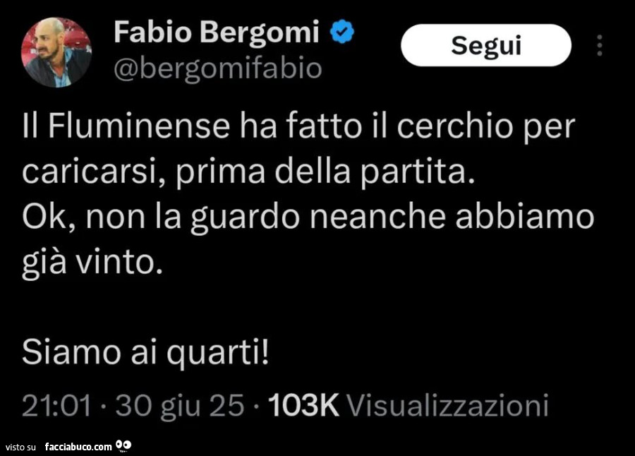 Il fluminense ha fatto il cerchio per caricarsi, prima della partita. Ok, non la guardo neanche abbiamo già vinto. Siamo ai quarti