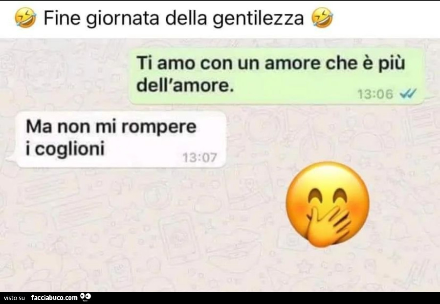 Fine giornata della gentilezza. Ti amo con un amore che è più dell'amore. Ma non mi rompere i coglioni