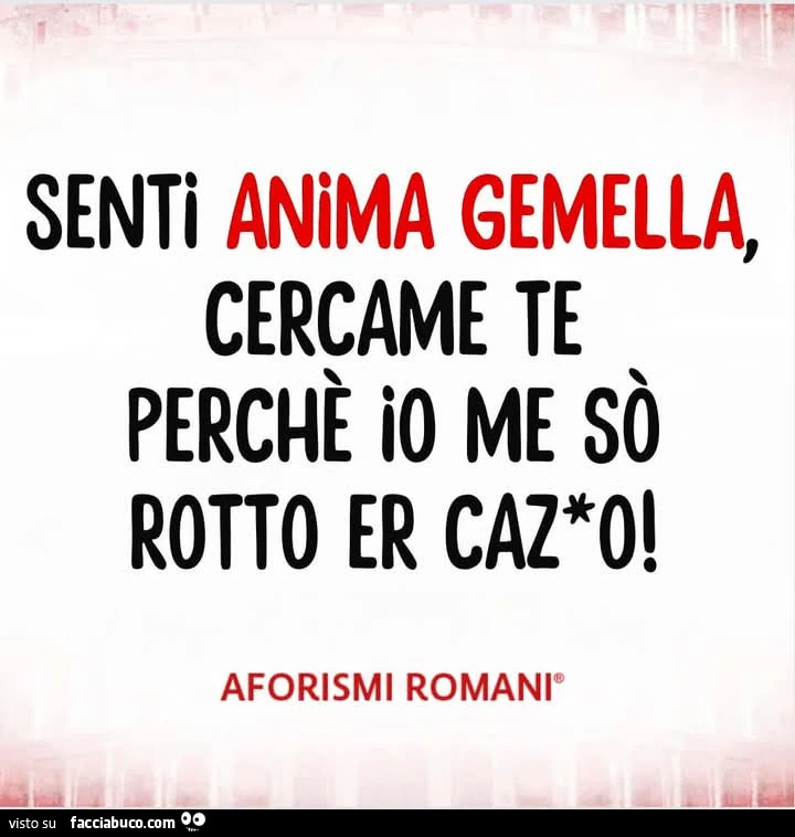 Senti, anima gemella, cercame te perchè io me so rotto er cazzo