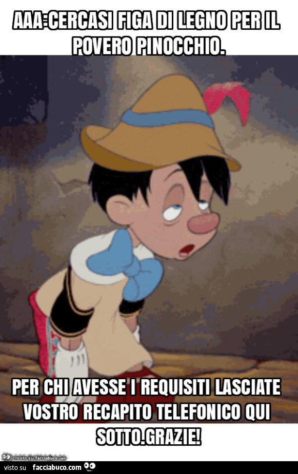 Aaa: cercasi figa di legno per il povero pinocchio. Per chi avesse i requisiti lasciate vostro recapito telefonico qui sotto. Grazie
