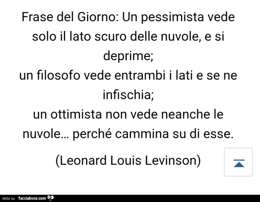 Frase del giorno: un pessimista vede solo il lato scuro delle nuvole, e si deprime; un filosofo vede entrambi i lati e se ne infischia; un ottimista non vede neanche le nuvole